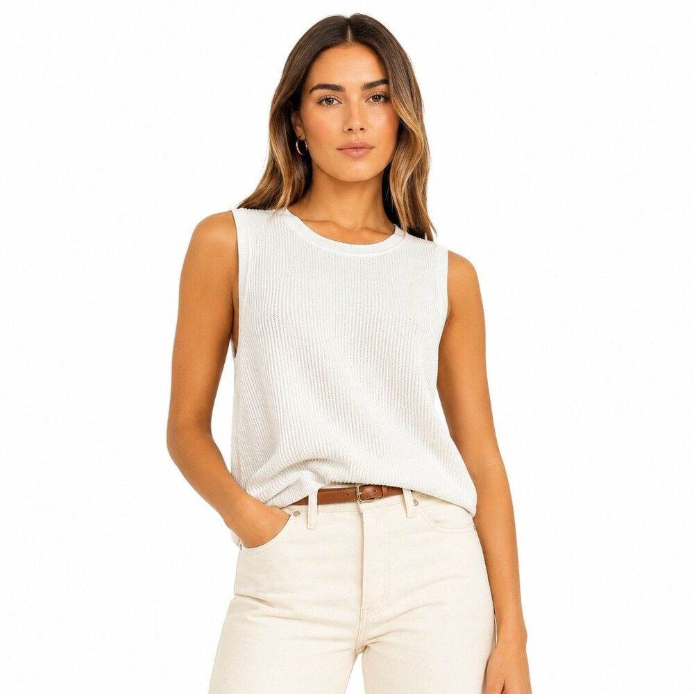 COS White Sleeveless Sweater Vest L Knit Crew Neck Tank Minimalist Top Cotton